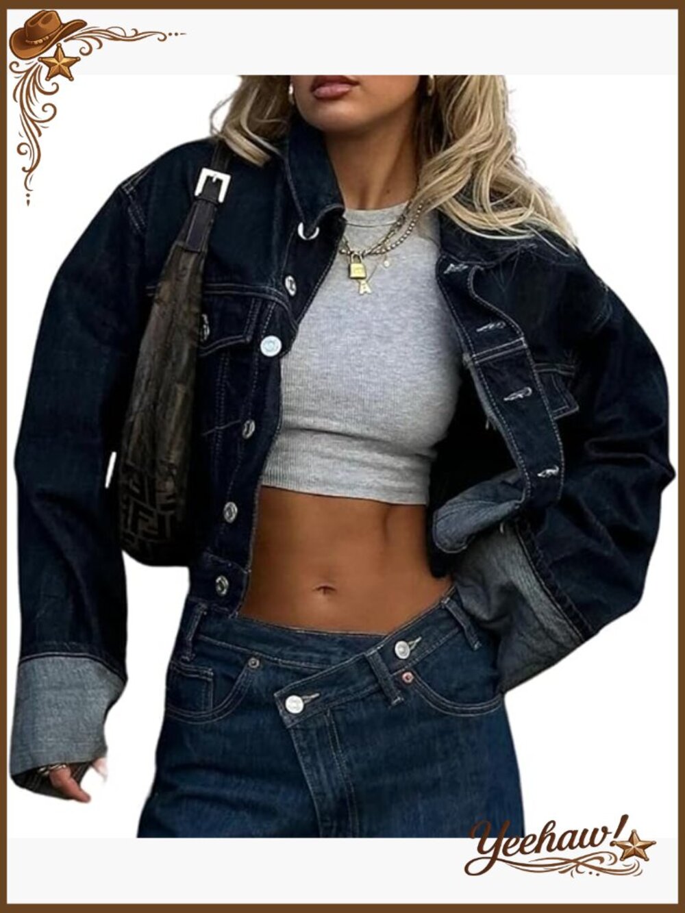 Cropped Denim Jacket Button Up Long Sleeve Turn-Up Cuff Jean Coat